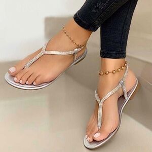 “Diamond” Ankle Strap Flat Nonslip Toe Sandals Size 9.5 Beach Wedding